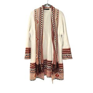 Maxsport Aztec Fringe Trim Open Front Long Cardigan Sweater Southwestern Boho M